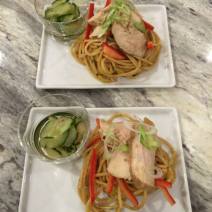 Grilled Chicken Breasts on Sesame Noodle Salad with Spicy Asian Cucumbers