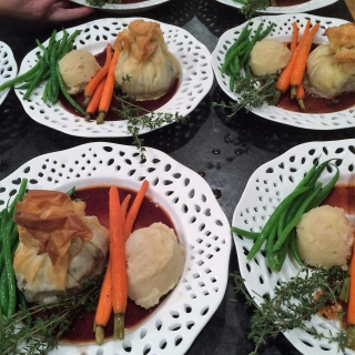 The entree is Beef Tenderloin Croustades in Phyllo, Red Wine Demiglace, Celery Root Mashed Potatoes, Ginger Glazed Carrots & Haricot Vert